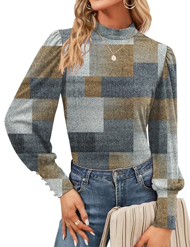 Tisfeer Damenbluse Langarm Tops Elegant Locker Oberteile Basic Puffärmel T Shirt Rollkragen Tunika (XL,Weiße und braune Quadrate) von Tisfeer
