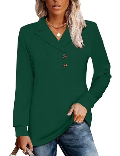 Tisfeer Langarmshirt Damen Sweatshirt Elegant V-Ausschnitt Pullover Business Lässig Tunika Tops Locker Herbst Winter Einfarbig Oberteile 2025(Grün,XL) von Tisfeer