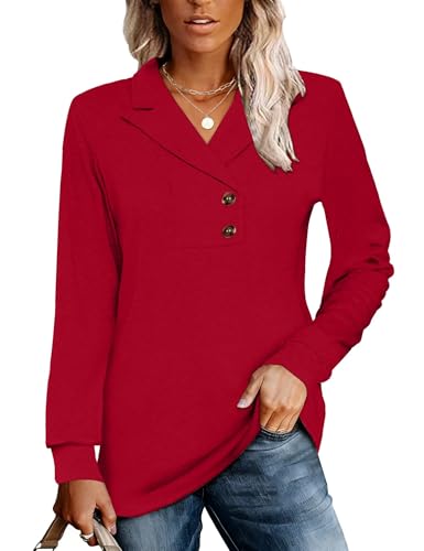 Tisfeer Langarmshirt Damen Sweatshirt Elegant V-Ausschnitt Pullover Business Lässig Tunika Tops Locker Herbst Winter Einfarbig Oberteile 2025(Rot,L) von Tisfeer