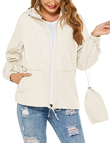 Tisfeer Laufjacke Damen Sommer Wasserdicht Atmungsaktive Regenmantel Windbreaker Packbar Faltbare Regenjacke(Beige,XL) von Tisfeer