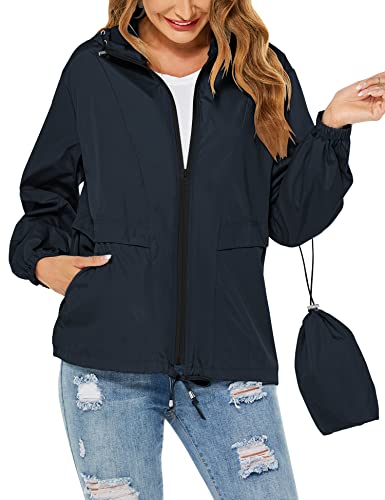 Tisfeer Regenjacke Damen Dünn Wasserdicht Leicht Windbreaker Jacke Packbar Faltbare Regenmantel Windjacke(Navy Blau,S) von Tisfeer