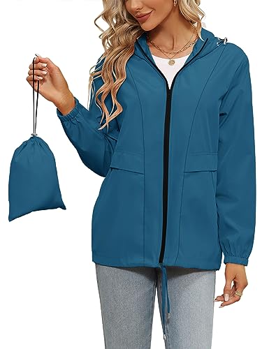 Tisfeer Regenjacke Damen Dünn Wasserdicht Leicht Windbreaker Jacke Packbar Faltbare Regenmantel Windjacke(Pfauenblau,L) von Tisfeer