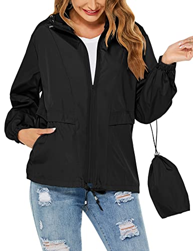 Tisfeer Regenjacke Damen Dünn Wasserdicht Leicht Windbreaker Jacke Packbar Faltbare Regenmantel Windjacke(Schwarz,XXL) von Tisfeer