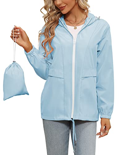 Tisfeer Regenmantel Damen Sommer Wasserdicht Leicht Faltbare Regenjacke Wandern Reisen Windbreaker Sportjacke(Hellblau,L) von Tisfeer