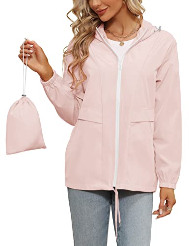 Tisfeer Regenmantel Damen Sommer Wasserdicht Leicht Faltbare Regenjacke Wandern Reisen Windbreaker Sportjacke(Rosa,S) von Tisfeer