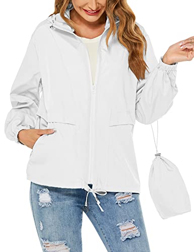 Tisfeer Sportjacke Damen Wasserdicht Winddicht Faltbare Regenjacke Packbar Dünne Regenmantel Windbreaker(Weiß,M) von Tisfeer