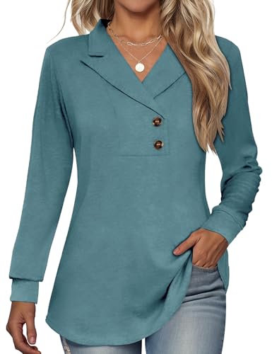 Tisfeer Sweatshirt Damen Pullover V-Ausschnitt Langarmshirt Elegant Business Lässig Tunika Tops Locker Herbst Winter Einfarbig Oberteile 2025(Blau Grün,L) von Tisfeer