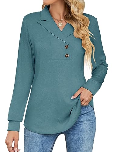 Tisfeer Sweatshirt Damen Pullover V-Ausschnitt Langarmshirt Elegant Business Lässig Tunika Tops Locker Herbst Winter Einfarbig Oberteile 2025(Blau Grün,XL) von Tisfeer