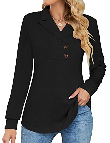 Tisfeer Sweatshirt Damen Pullover V-Ausschnitt Langarmshirt Elegant Business Lässig Tunika Tops Locker Herbst Winter Einfarbig Oberteile 2025(Schwarz,L) von Tisfeer