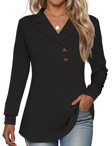 Tisfeer Sweatshirt Damen Pullover V-Ausschnitt Langarmshirt Elegant Business Lässig Tunika Tops Locker Herbst Winter Einfarbig Oberteile 2025(Schwarz,XL) von Tisfeer