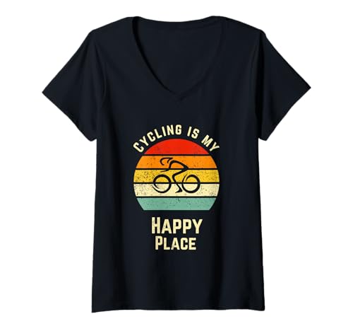 Damen Radfahren ist Mein Happy Place Retro T-Shirt mit V-Ausschnitt Damen Radfahren ist Mein Happy Place Retro T-Shirt mit V-Ausschnitt von Tish's Design Shop