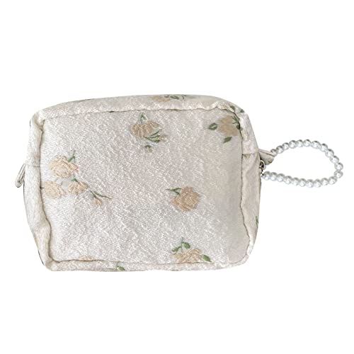 Kosmetiktasche mit Perlen Anhänger, Modische Handtasche mit Großer Kapazität, Tragbare Multifunktions Aufbewahrungstasche für Make Up Pinsel Serviette Kosmetika Schreibwaren (Beige Aprikosenblümchen) von Tissting
