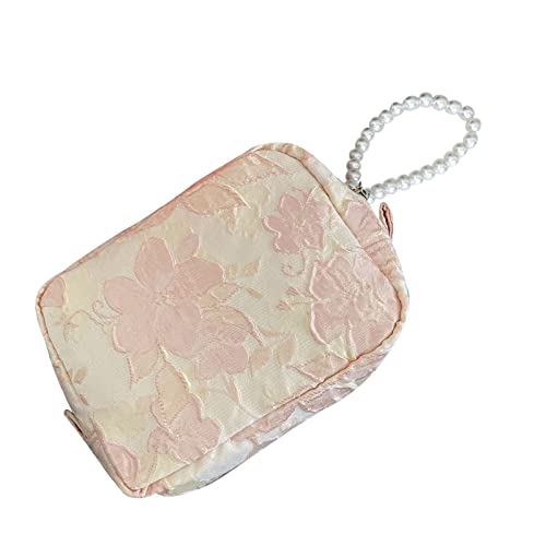 Kosmetiktasche mit Perlen Anhänger, Modische Handtasche mit Großer Kapazität, Tragbare Multifunktions Aufbewahrungstasche für Make Up Pinsel Serviette Kosmetika Schreibwaren (Große rosa Blüten) von Tissting