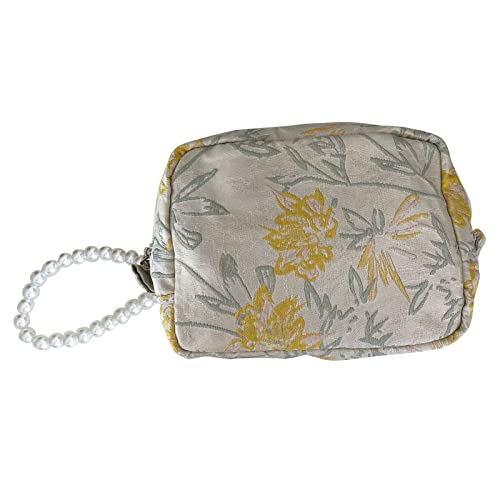 Kosmetiktasche mit Perlen Anhänger, Modische Handtasche mit Großer Kapazität, Tragbare Multifunktions Aufbewahrungstasche für Make Up Pinsel Serviette Kosmetika Schreibwaren (Landschaftsgelb) von Tissting