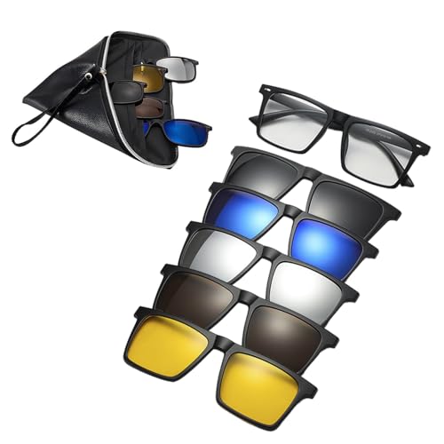 Tissting Magnetische Clip Sonnenbrille mit 3 Polarisierte Gläser Clips and 2 Normale Clip, TR Quadratische Brille Rahmen, Retro Clip on Nachtfahrbrille für Männer und Frauen von Tissting