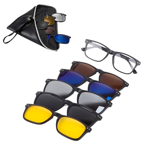 Tissting Magnetische Clip Sonnenbrille mit 5 Austauschbaren Clips, TR Quadratische Brille, Retro Clip on Nachtfahrbrille für Männer und Frauen von Tissting