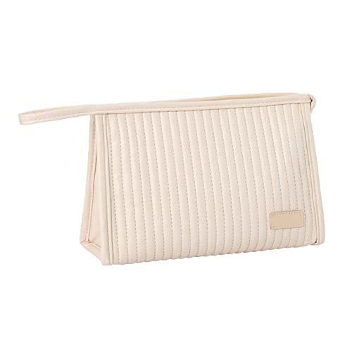 Tragbare Kosmetiktasche, Modische Große Kapazität PU Leder Handtasche, Multifunktions Aufbewahrungstasche für Make Up Pinsel Serviette Kosmetik Schreibwaren (Beige) von Tissting