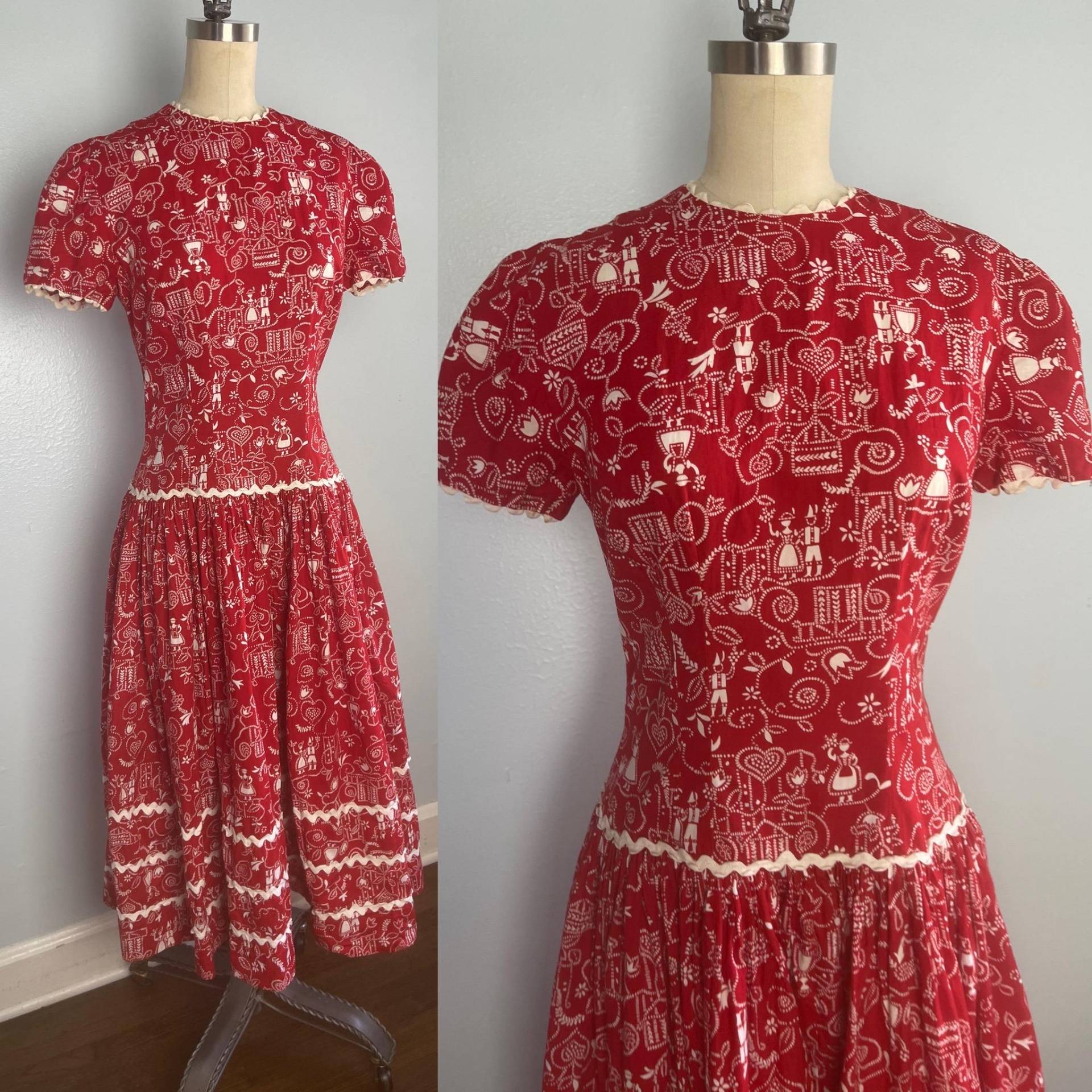 Candy Apple Baumwolle Kurzarm Drop Waist 1950Er 50Er Kleid Candy Apple Baumwolle Kurzarm Drop Waist 1950Er 50Er Kleid von TissyVintage