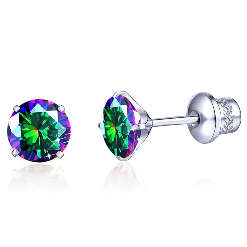 TitanHeart G23 Titan CZ Ohrstecker, Hypoallergen F136 Implantat Grad Titan Schraube Zurück Simuliert Diamant Ohrringe für Empfindliche Ohren, 6mm 5A Cubic Zirkonia Ohrstecker für Damen(Regenbogen) von TitanHeart