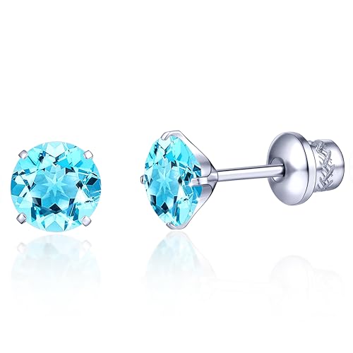 TitanHeart G23 Titan CZ Ohrstecker, Hypoallergen F136 Implantat Grad Titan Schraube Zurück Simuliert Diamant Ohrringe für Empfindliche Ohren, 6mm 5A Cubic Zirkonia Ohrstecker für Damen(Aquamarin) von TitanHeart