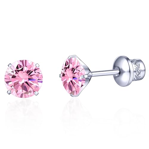 TitanHeart G23 Titan CZ Ohrstecker, Hypoallergen F136 Implantat Grad Titan Schraube Zurück Simuliert Diamant Ohrringe für Empfindliche Ohren, 6mm 5A Cubic Zirkonia Ohrstecker für Damen(Rosa) von TitanHeart