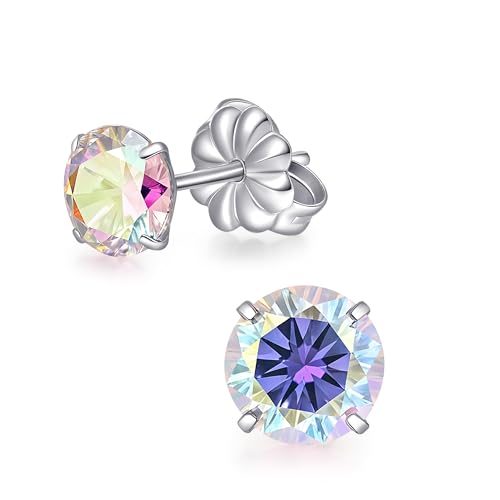 TitanHeart Titan Ohrstecker für Damen Herren, G23 Implantat Hypoallergen Nickelfrei Medizinische Ohrstecker 6mm Geburtsstein CZ Ohrringe für Empfindliche Ohren(Aurora Borealis) von TitanHeart