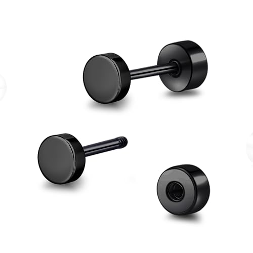 TitanHeart Hypoallergene Titan Schraube zurück flach zurück Punkt Ohrstecker 3mm-5mm einfache klassische Helix Tragus Knorpel Ohrläppchen Ohrstecker für Damen Herren(Schwarz,5mm) von TitanHeart