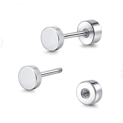TitanHeart Hypoallergene Titan Schraube zurück flach zurück Punkt Ohrstecker 3mm-5mm einfache klassische Helix Tragus Knorpel Ohrläppchen Ohrstecker für Damen Herren(Silber,3mm) von TitanHeart