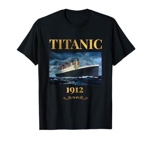 Titanic Ship Designs - Herren T-Shirt Schwarz Klein EU 38 V-Ausschnitt Kurzarm Klassisch Passform Pull-On Polyester 100% Imported Titanic 1912 Passagierschiff Kreuzfahrtschiff von Titanic Ship Designs