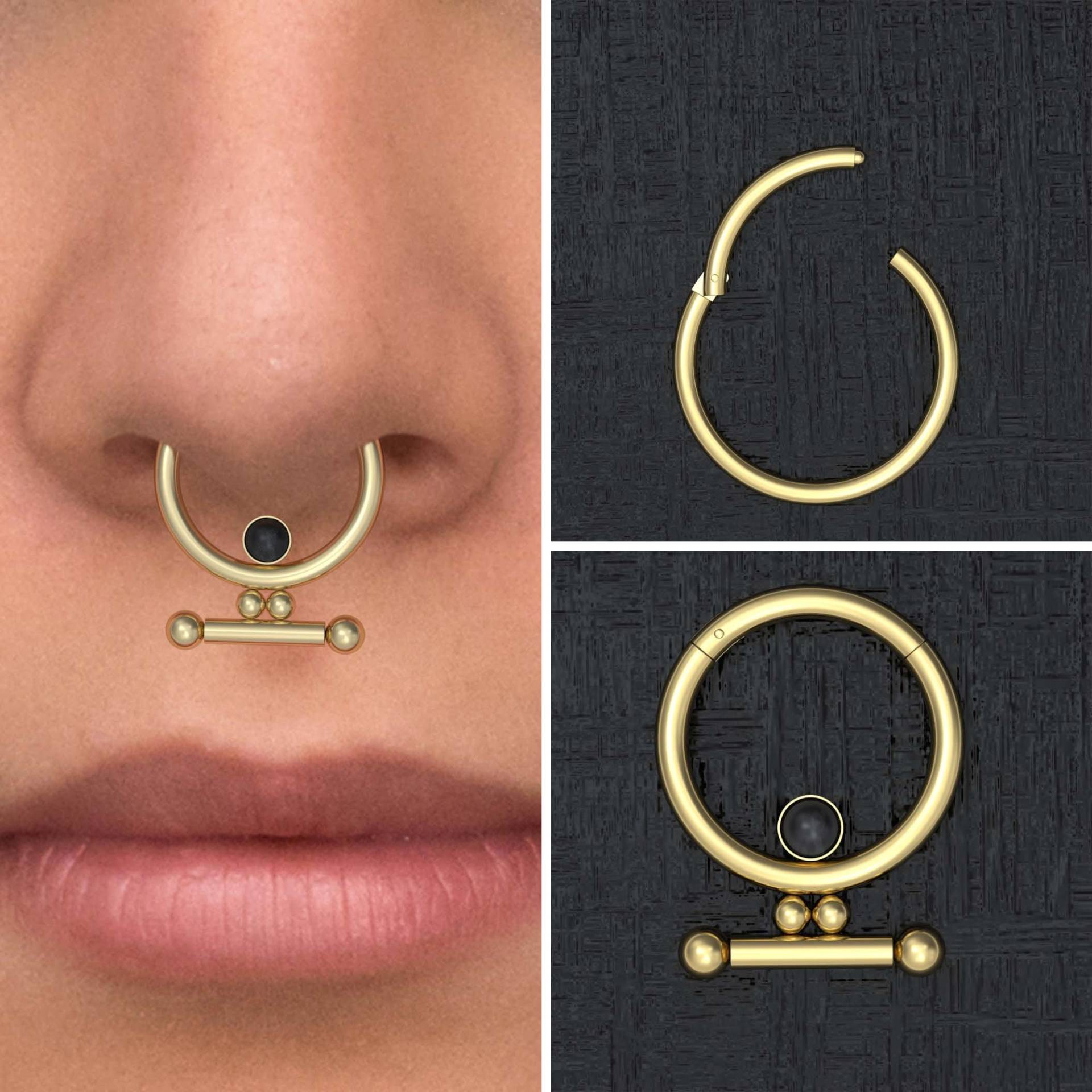 Chirurgenstahl Septum Ring Clicker Ohrring, Onyx Daith Schmuck 16G, Hoop, Piercing von TitaniumFashion