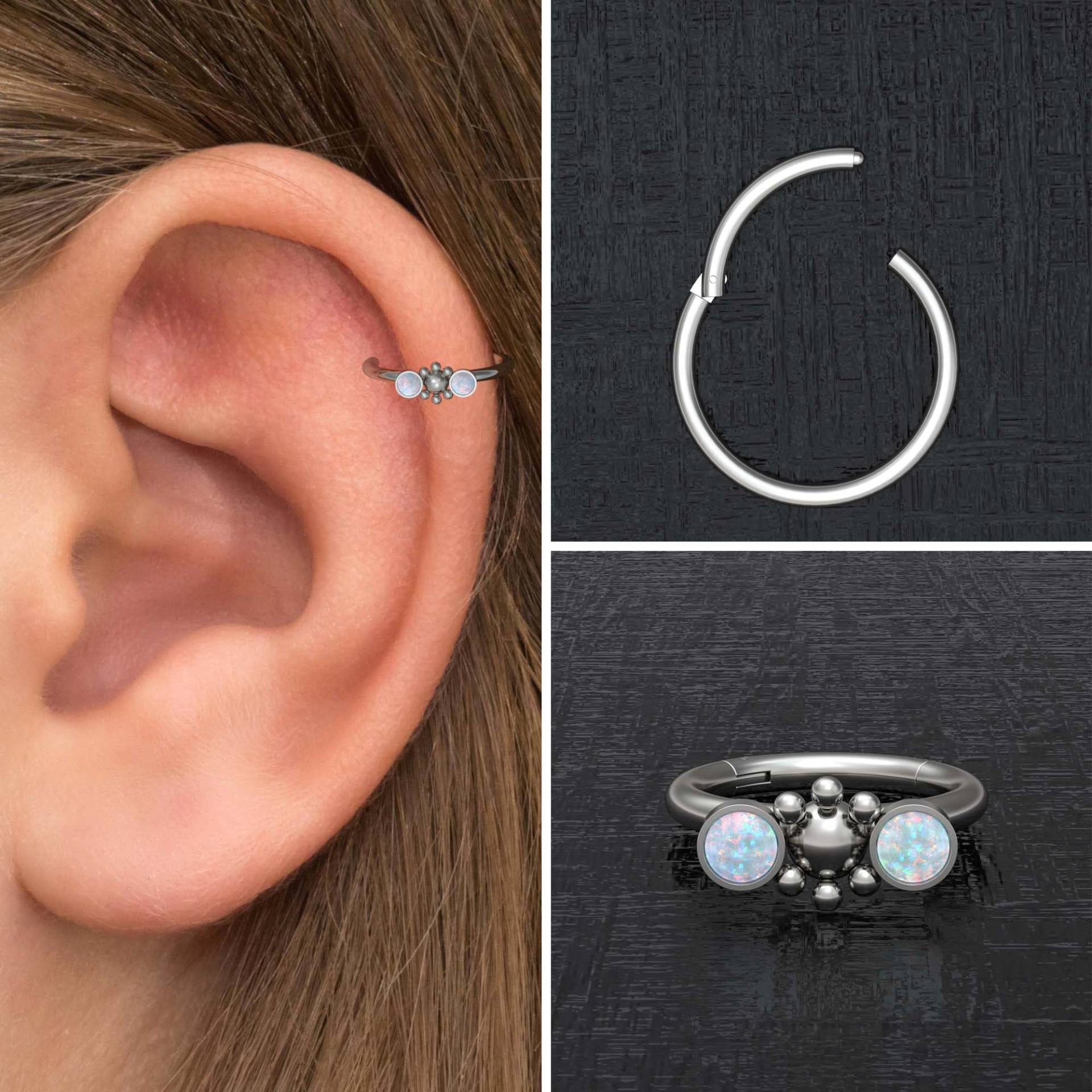 Opal Hahn Ohrring Titan Implant Grade, Tragus Ohrring, Clicker Hoop, Forward Helix Clicker, Piercing, Conch Ring, Knorpel Ring von TitaniumFashion