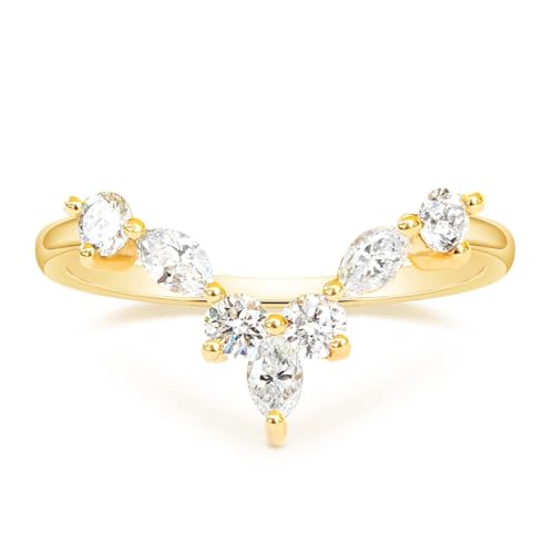 Titaniumcentral Vorsteckring Damen Verlobungsringe V-Form Gebogen Schmal Marquise und Rund Zirkonia Eheringe Versprechen Ring (Gelbgold,58 (18.5)) von Titaniumcentral