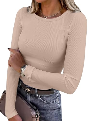 Titimiss Damen Rundhals Pullover Herbst Stretch Langarmshirt Elegant Langarm Rippshirt Oberteile Pulli Basic Tops A Beige M von Titimiss