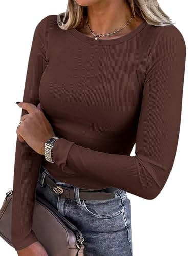 Titimiss Damen Rundhals Pullover Herbst Stretch Langarmshirt Elegant Langarm Rippshirt Oberteile Pulli Basic Tops A Braun M von Titimiss