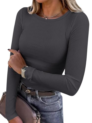 Titimiss Damen Rundhals Pullover Herbst Stretch Langarmshirt Elegant Langarm Rippshirt Oberteile Pulli Basic Tops A Dunkelgrau M von Titimiss
