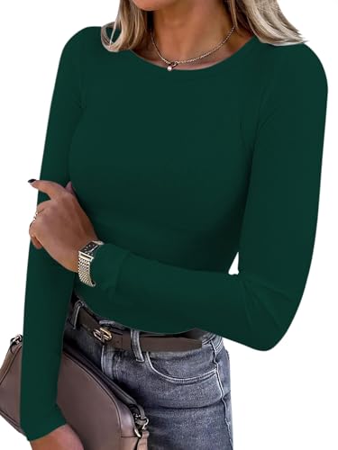 Titimiss Damen Rundhals Pullover Herbst Stretch Langarmshirt Elegant Langarm Rippshirt Oberteile Pulli Basic Tops A Dunkelgrün XL von Titimiss