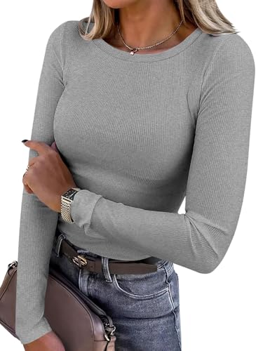 Titimiss Damen Rundhals Pullover Herbst Stretch Langarmshirt Elegant Langarm Rippshirt Oberteile Pulli Basic Tops A Grau M von Titimiss
