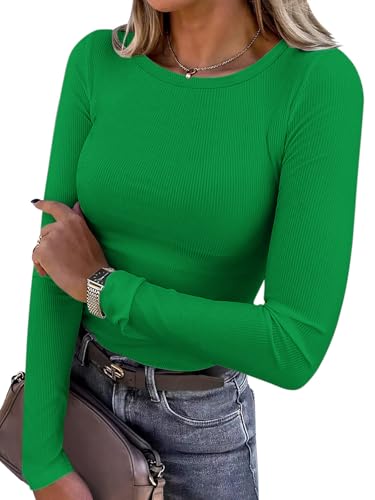 Titimiss Damen Rundhals Pullover Herbst Stretch Langarmshirt Elegant Langarm Rippshirt Oberteile Pulli Basic Tops A Grün XXL von Titimiss
