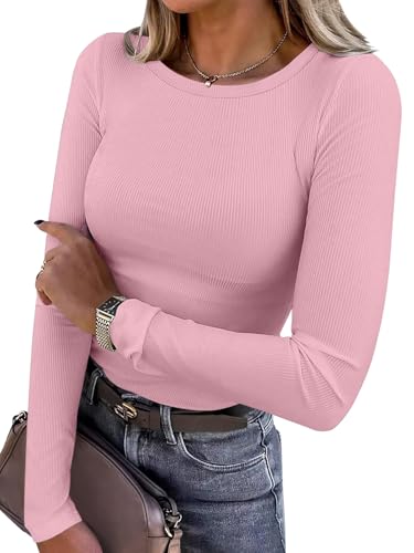 Titimiss Damen Rundhals Pullover Herbst Stretch Langarmshirt Elegant Langarm Rippshirt Oberteile Pulli Basic Tops A Hellrosa M von Titimiss