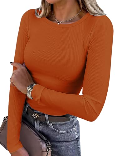 Titimiss Damen Rundhals Pullover Herbst Stretch Langarmshirt Elegant Langarm Rippshirt Oberteile Pulli Basic Tops A Orange XXL von Titimiss
