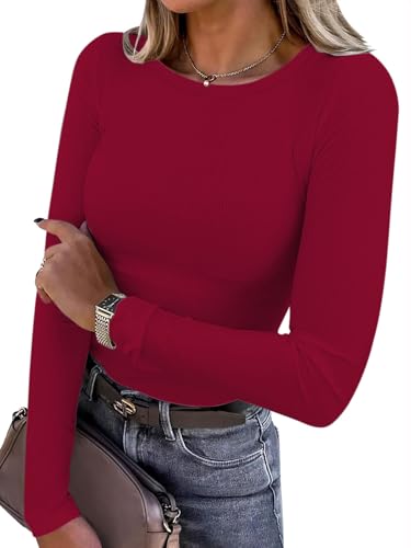 Titimiss Damen Rundhals Pullover Herbst Stretch Langarmshirt Elegant Langarm Rippshirt Oberteile Pulli Basic Tops A Rot L von Titimiss
