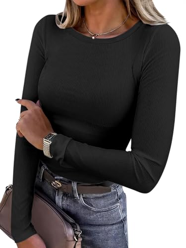 Titimiss Damen Rundhals Pullover Herbst Stretch Langarmshirt Elegant Langarm Rippshirt Oberteile Pulli Basic Tops A Schwarz XXL von Titimiss