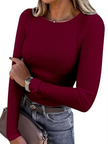 Titimiss Damen Rundhals Pullover Herbst Stretch Langarmshirt Elegant Langarm Rippshirt Oberteile Pulli Basic Tops A Weinrot XXL Titimiss Damen Rundhals Pullover Herbst Stretch Langarmshirt Elegant Langarm Rippshirt Oberteile Pulli Basic Tops A Weinrot XXL von Titimiss
