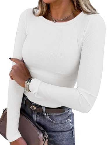 Titimiss Damen Rundhals Pullover Herbst Stretch Langarmshirt Elegant Langarm Rippshirt Oberteile Pulli Basic Tops A Weiß M von Titimiss