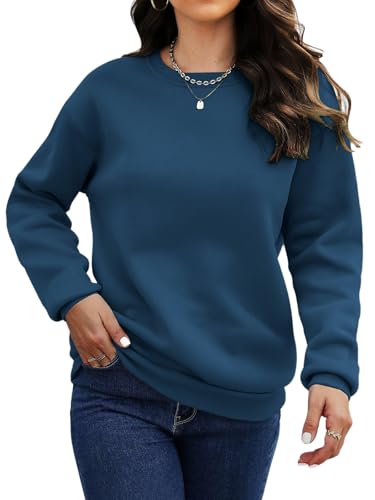 Titimiss Damen Sweatshirt Ohne Kapuze Herbst Winter Pullover Fleecepullover Rundhals Oberteile Casual Langarmshirt mit Taschen A Dunkelblau S von Titimiss
