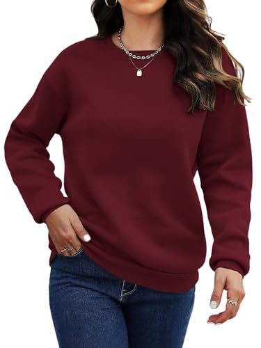 Titimiss Damen Sweatshirt Ohne Kapuze Herbst Winter Pullover Fleecepullover Rundhals Oberteile Casual Langarmshirt mit Taschen A Weinrot XXL von Titimiss