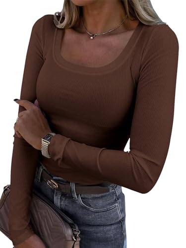 Titimiss Damen U-Ausschnitt Pullover Herbst Stretch Langarmshirt Eng Rippshirt Oberteile Pulli Slim Fit Basic Tops A Braun XS von Titimiss