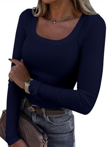 Titimiss Damen U-Ausschnitt Pullover Herbst Stretch Langarmshirt Eng Rippshirt Oberteile Pulli Slim Fit Basic Tops A Dunkelblau XXL von Titimiss