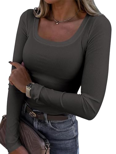 Titimiss Damen U-Ausschnitt Pullover Herbst Stretch Langarmshirt Eng Rippshirt Oberteile Pulli Slim Fit Basic Tops A Dunkelgrau M von Titimiss