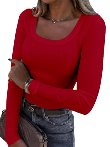 Titimiss Damen U-Ausschnitt Pullover Herbst Stretch Langarmshirt Eng Rippshirt Oberteile Pulli Slim Fit Basic Tops A Rot L Titimiss Damen U-Ausschnitt Pullover Herbst Stretch Langarmshirt Eng Rippshirt Oberteile Pulli Slim Fit Basic Tops A Rot L von Titimiss